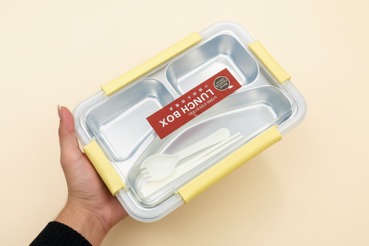 3 Compartments Stainless Steel Lunch Box With Fork & Chopsticks)