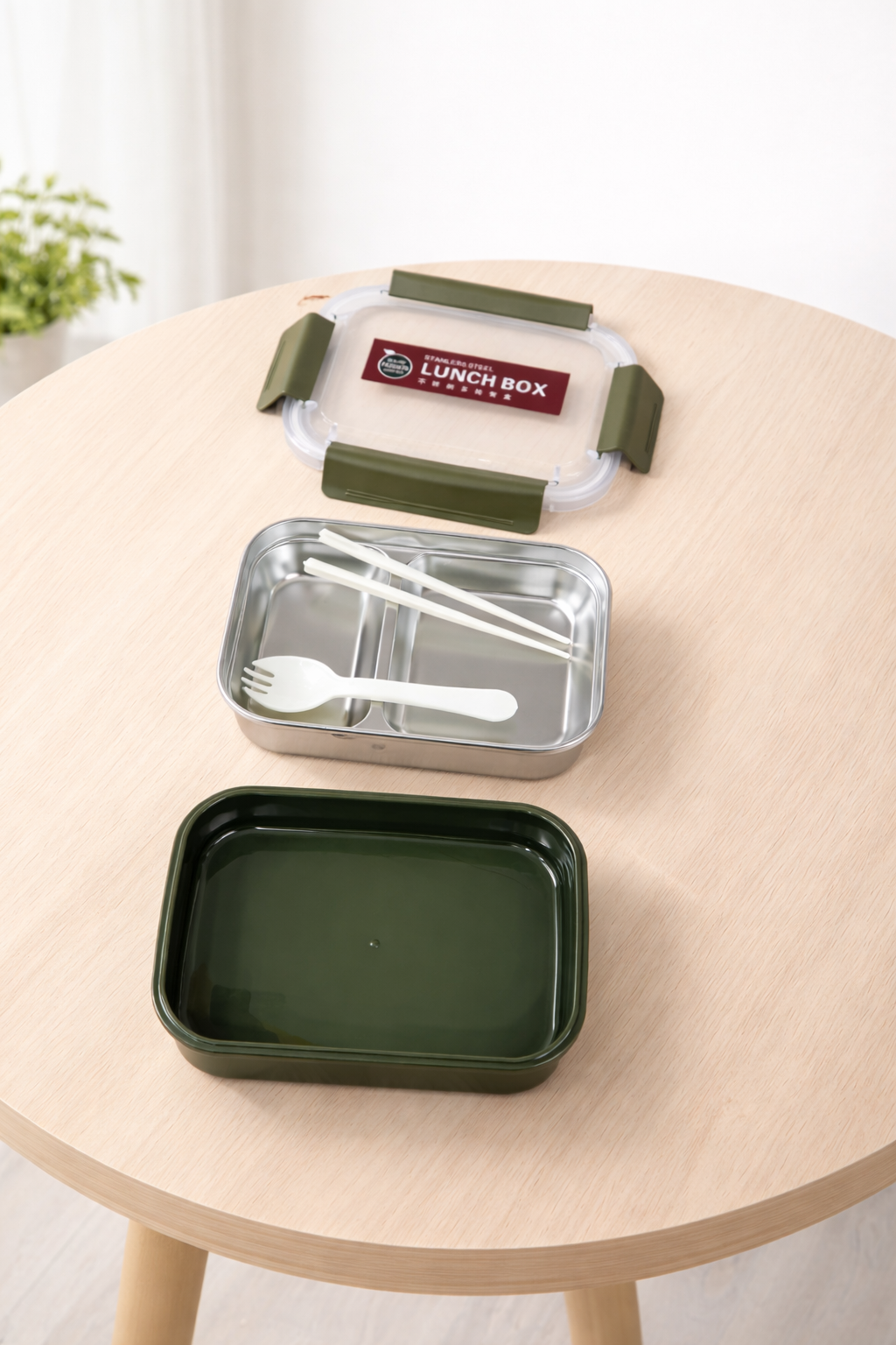 2 Sections Stainless Steel Lunch Box With Fork & Chopsticks