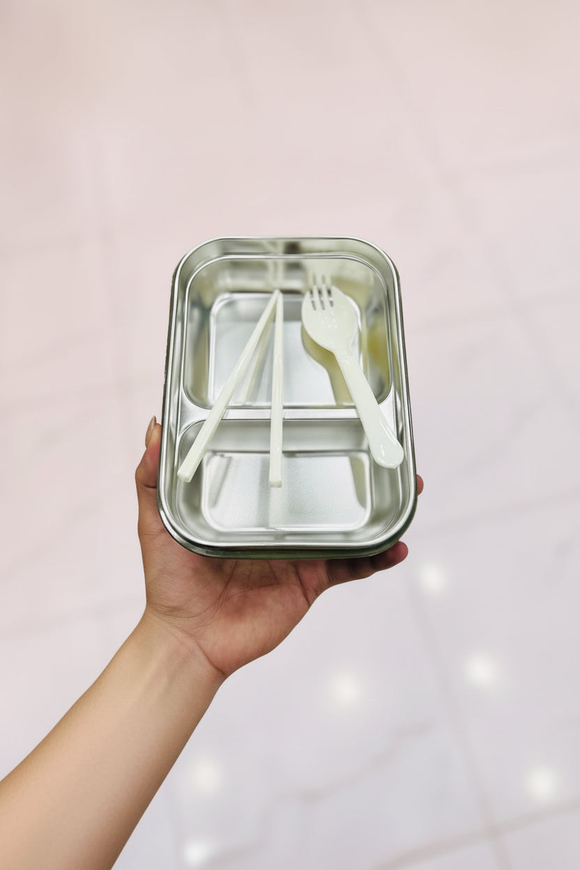 2 Sections Stainless Steel Lunch Box With Fork & Chopsticks