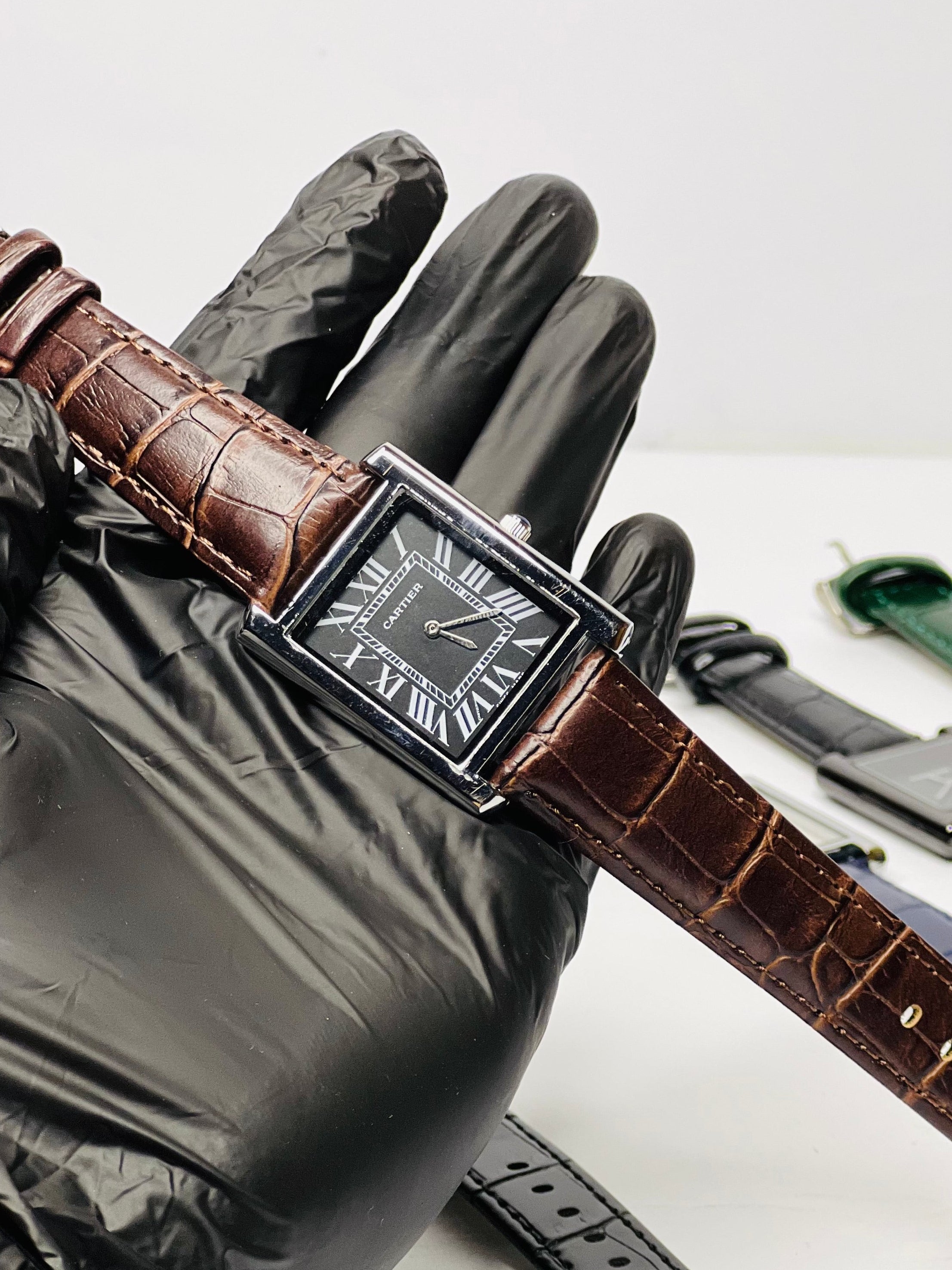 Cartier Tank Black Numeral Dial With Brown Alligator  Style Straps