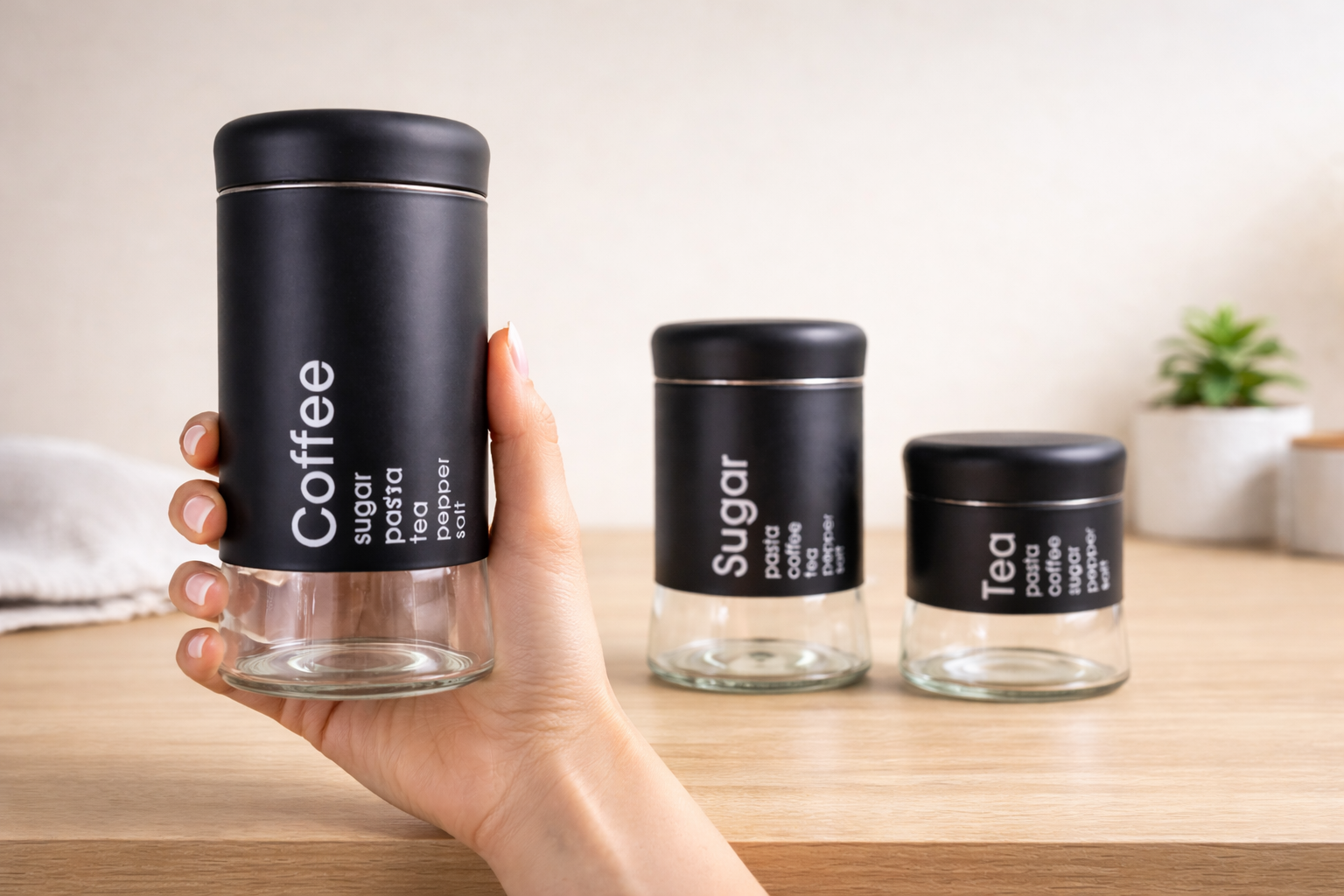 3 Pc Set Of Black Metal & Glass Kitchen Canister Set