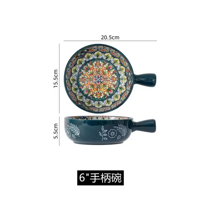 Handcrafted Ceramic Serving Bowl with Handle ( Green )