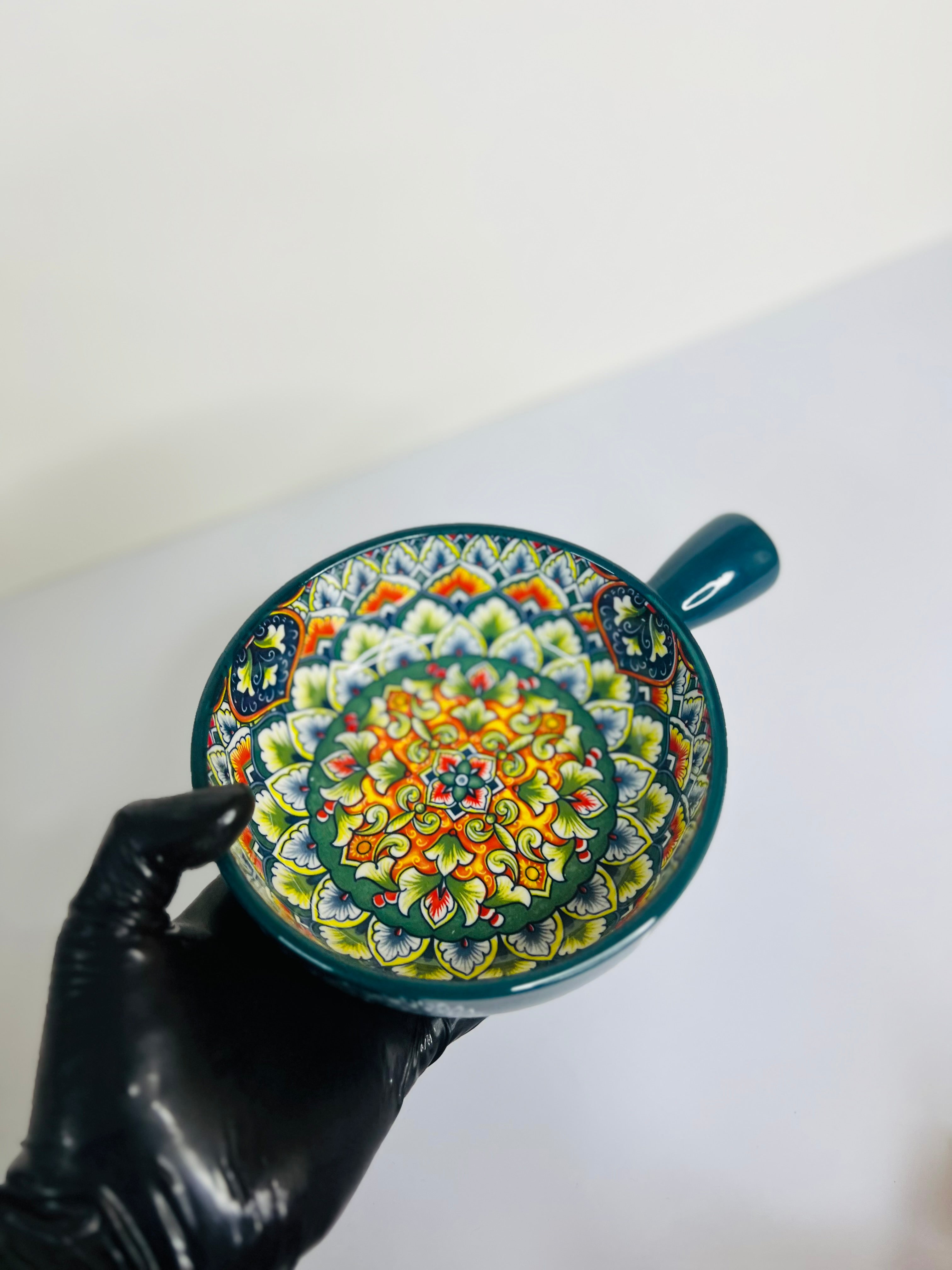 Handcrafted Ceramic Serving Bowl with Handle ( Green )
