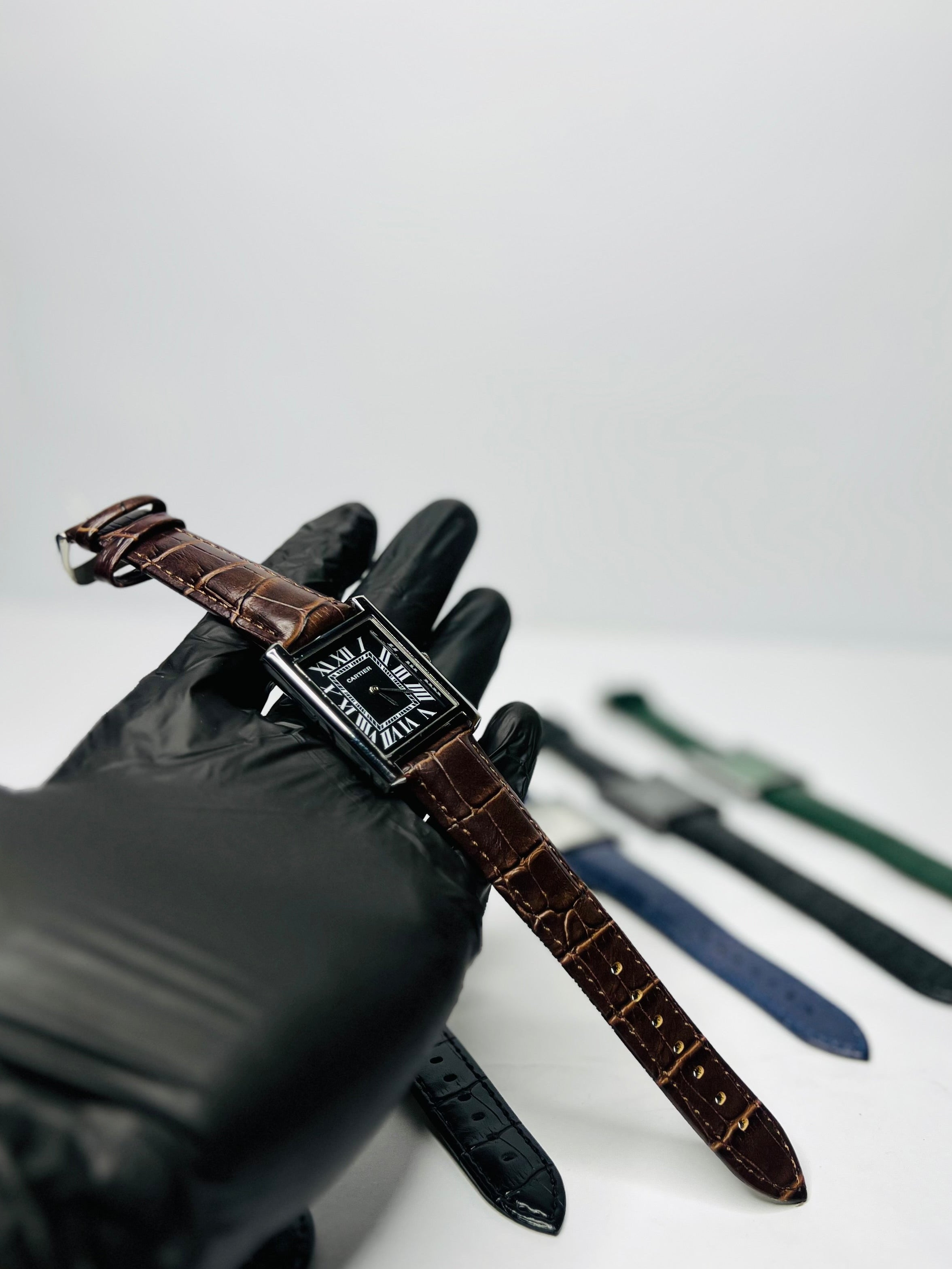 Cartier Tank Black Numeral Dial With Brown Alligator  Style Straps