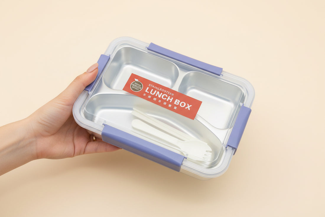 3 Compartments Stainless Steel Lunch Box With Fork & Chopsticks)