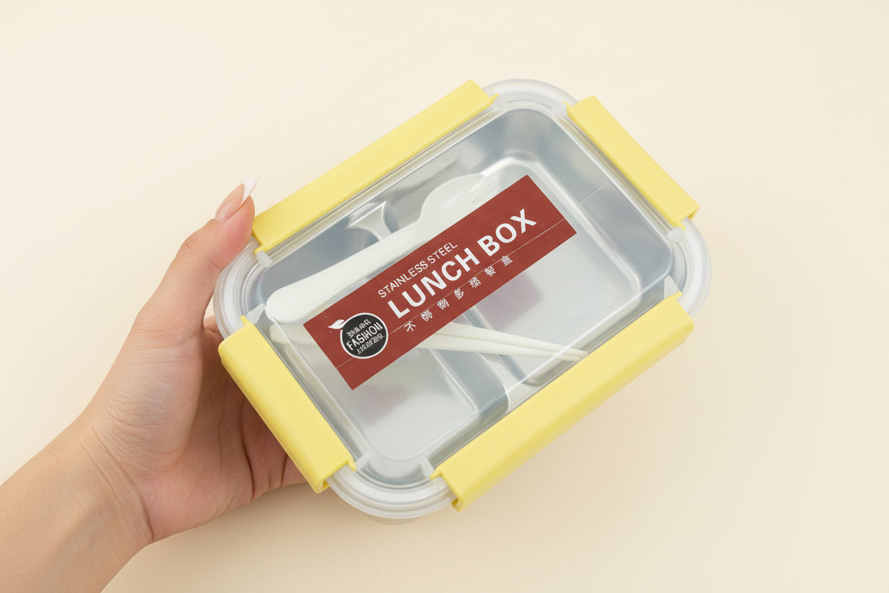 2 Sections Stainless Steel Lunch Box With Fork & Chopsticks