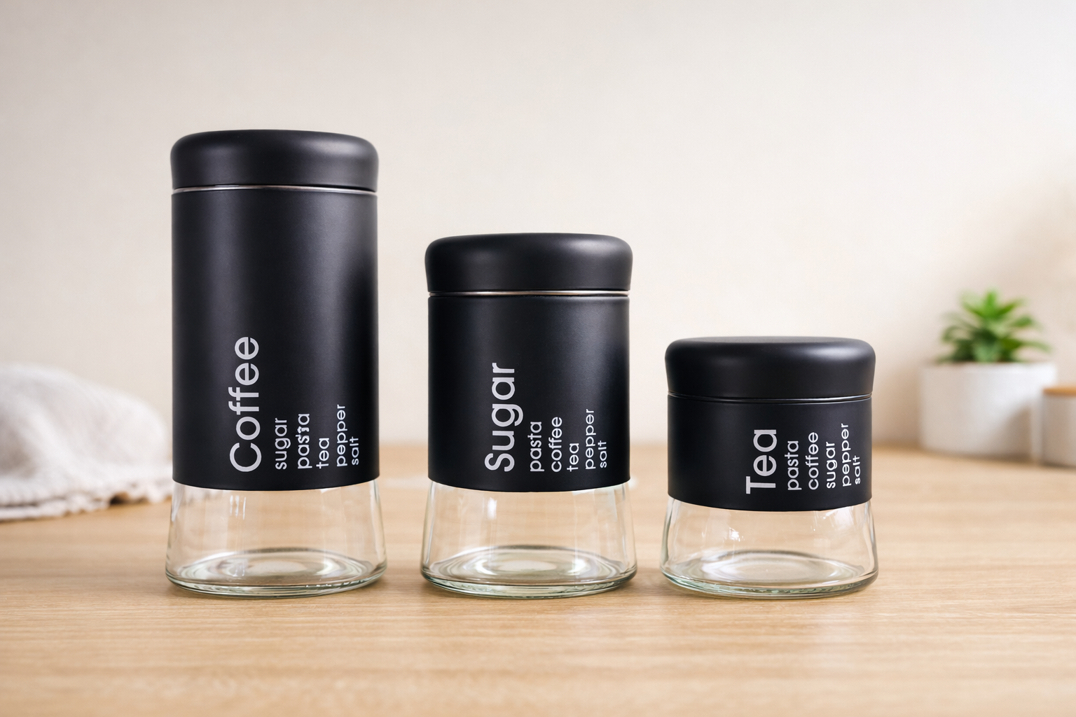 3 Pc Set Of Black Metal & Glass Kitchen Canister Set