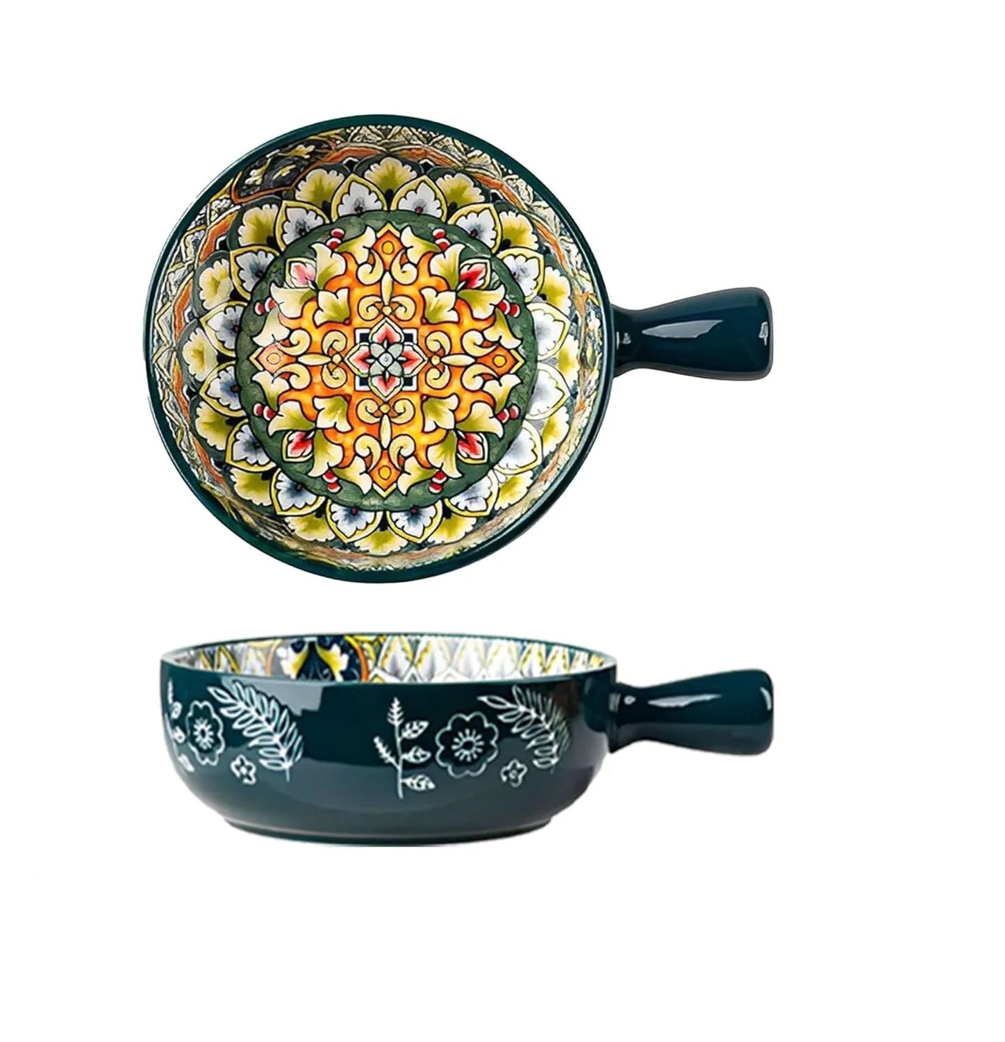 Handcrafted Ceramic Serving Bowl with Handle ( Green )