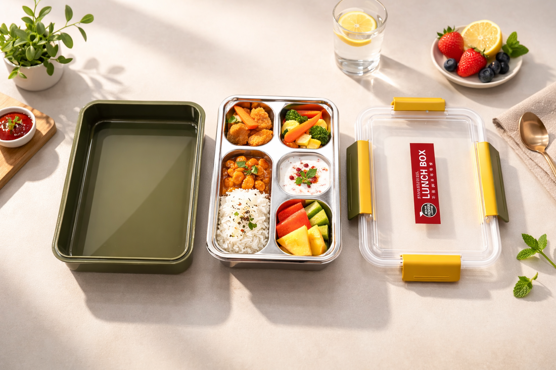 Multi Sections Stainless Steel Lunch Box With Utensils (Fork & Chopsticks)