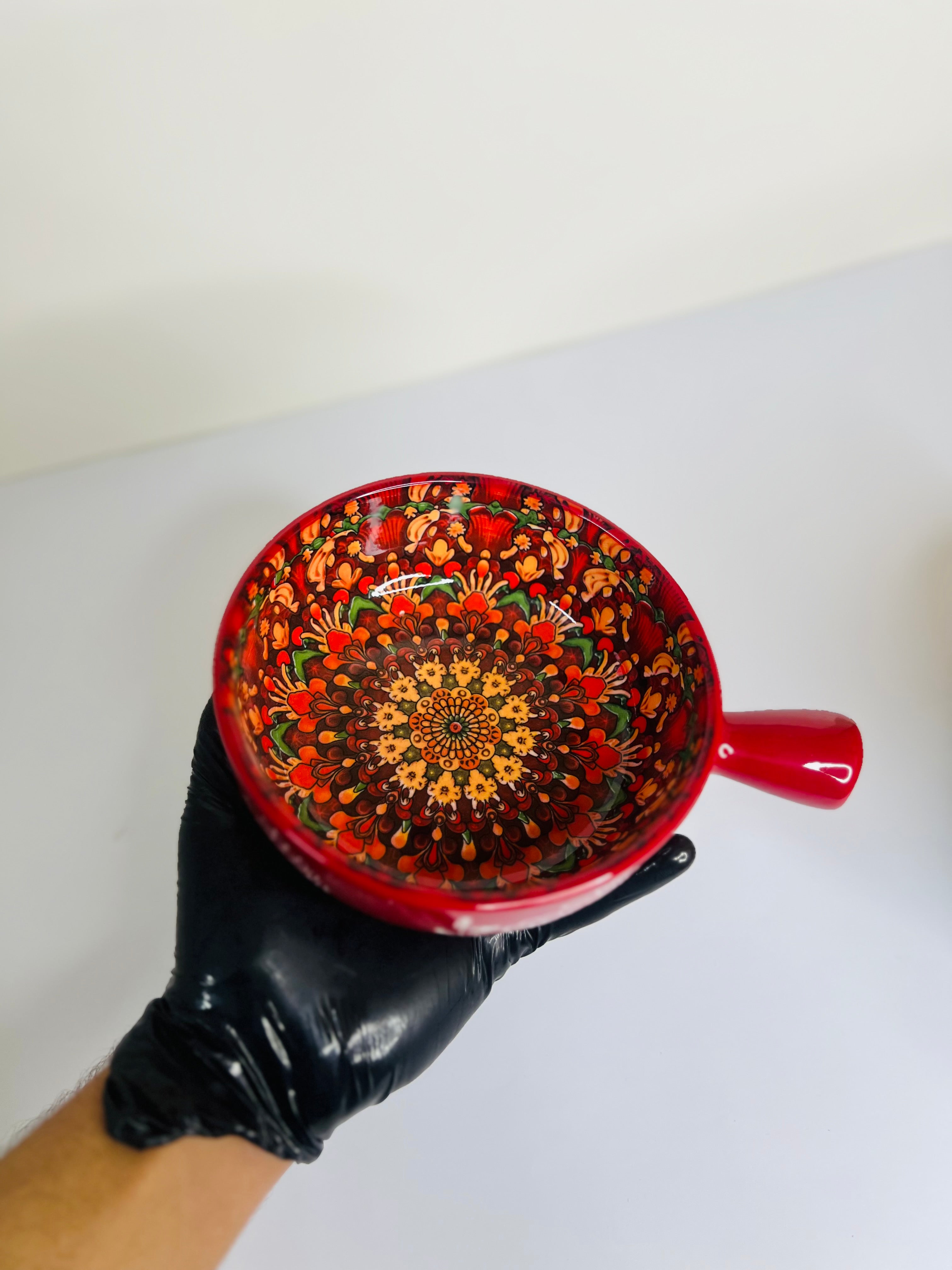 Handcrafted Ceramic Serving Bowl With Handle ( Red )