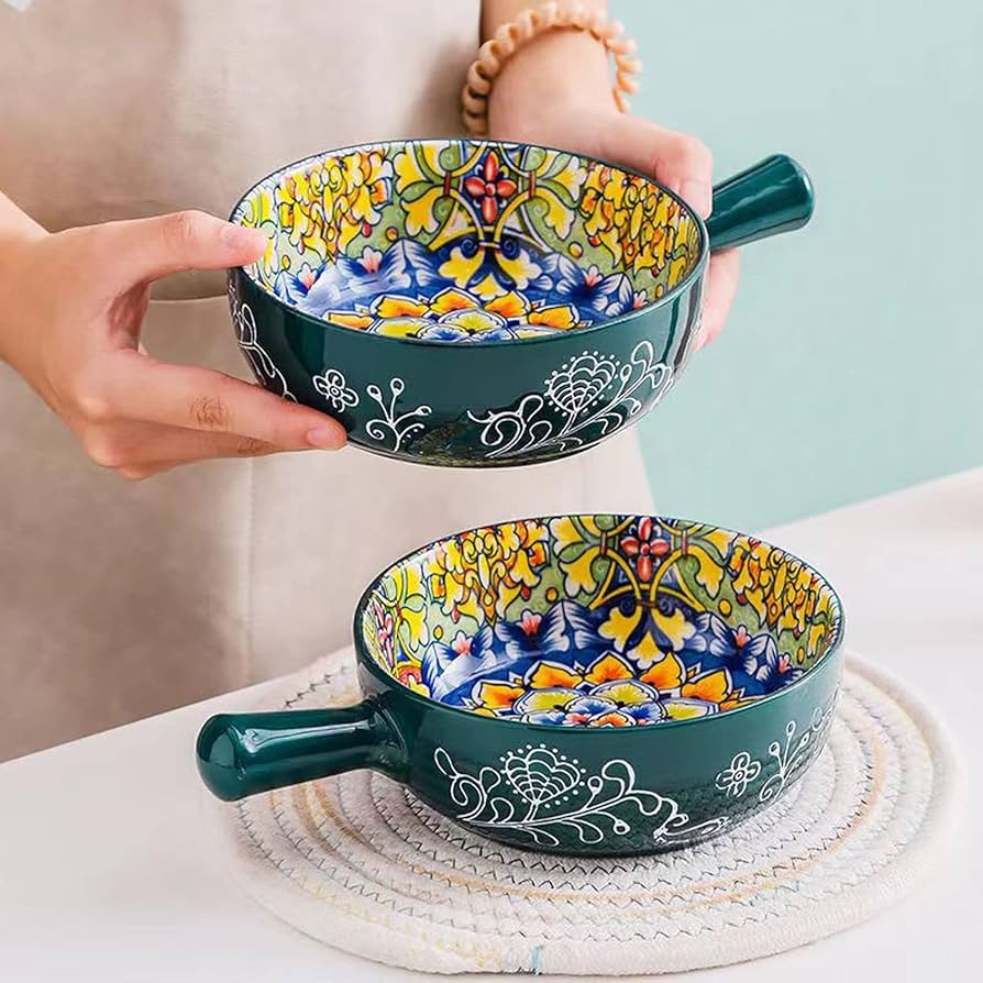 Handcrafted Ceramic Serving Bowl with Handle ( Green )