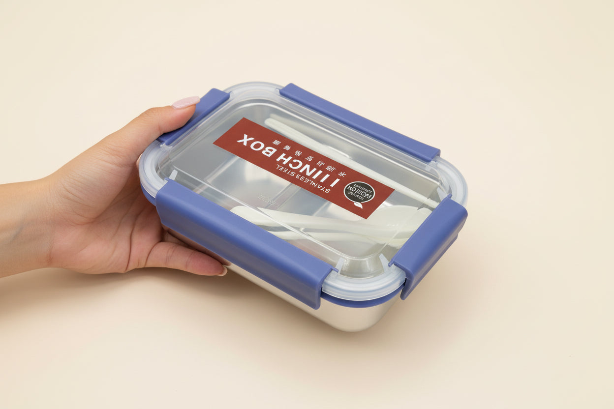 2 Sections Stainless Steel Lunch Box With Fork & Chopsticks