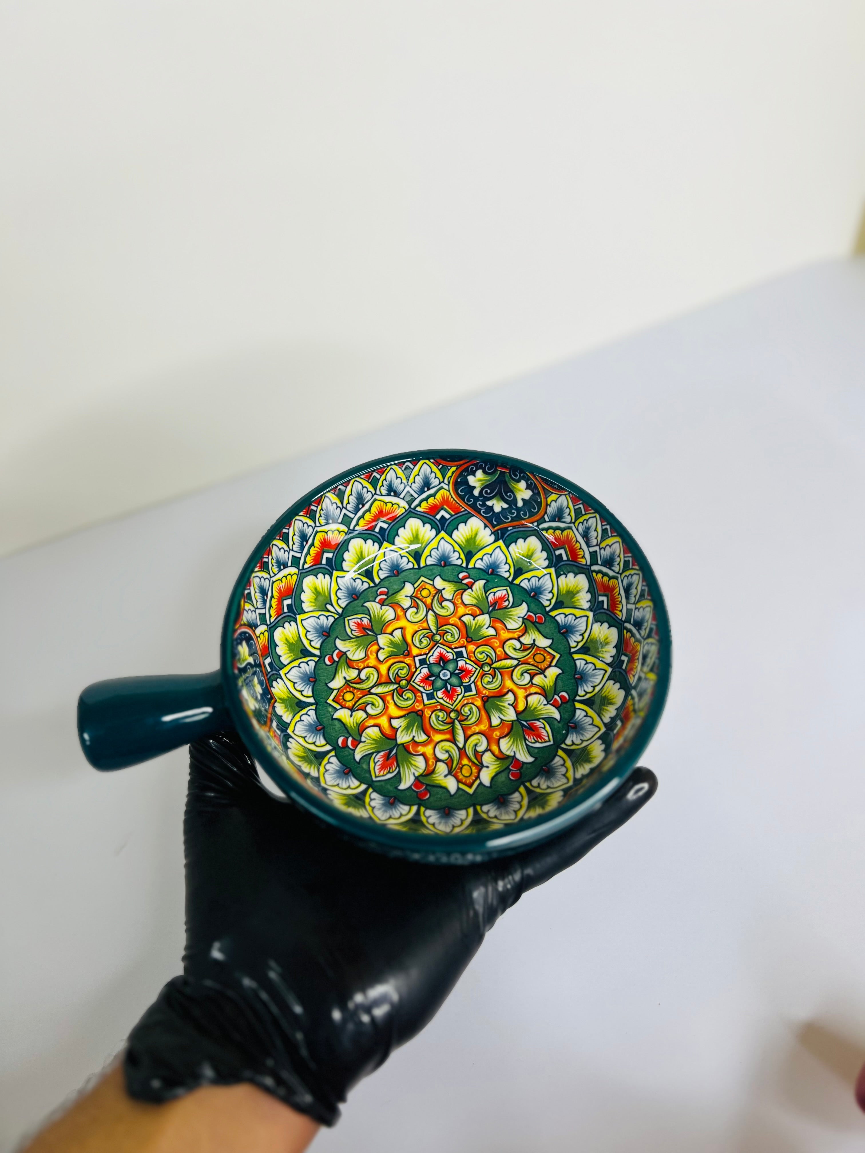 Handcrafted Ceramic Serving Bowl with Handle ( Green )