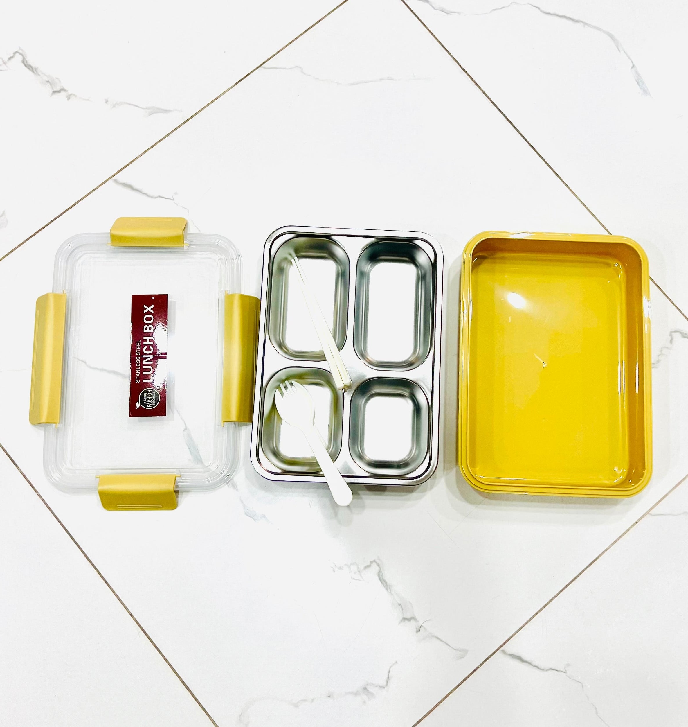 4 Compartments Stainless Steel Lunch Box With , Fork & Chopsticks ( 8.5 Inc Length & 5 Inc Width)