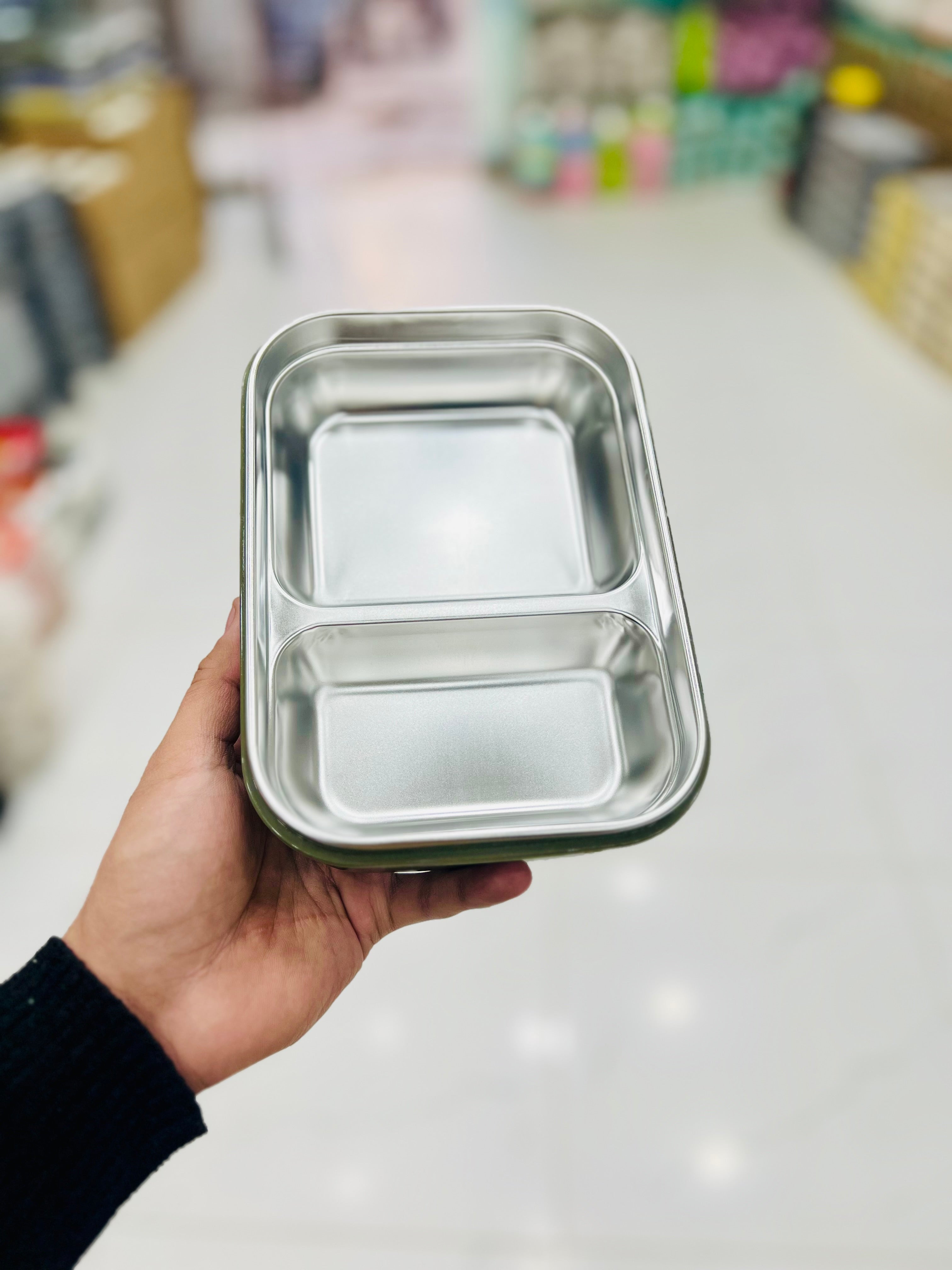 2 Sections Stainless Steel Lunch Box With Fork & Chopsticks