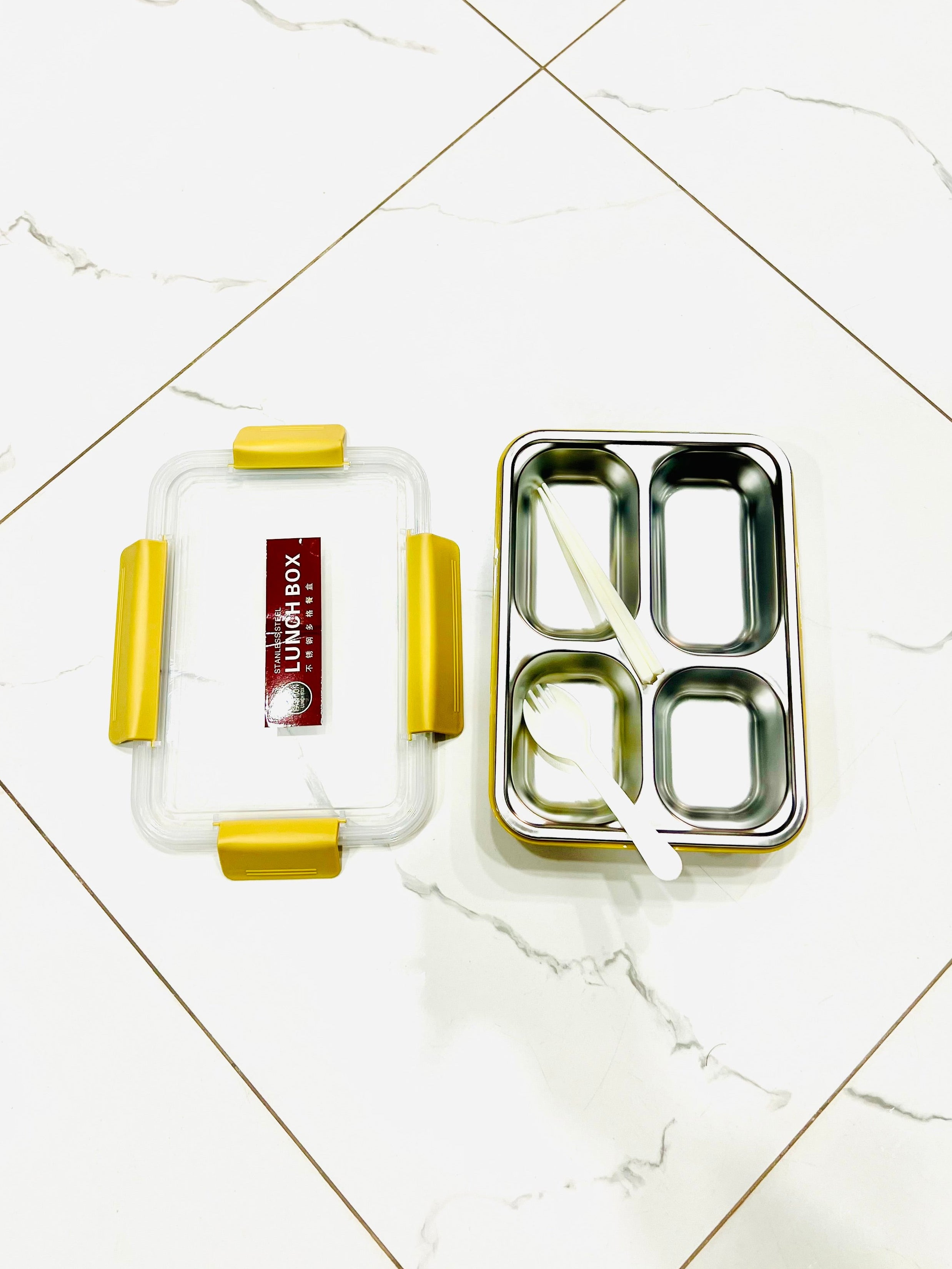 4 Compartments Stainless Steel Lunch Box With , Fork & Chopsticks ( 8.5 Inc Length & 5 Inc Width)