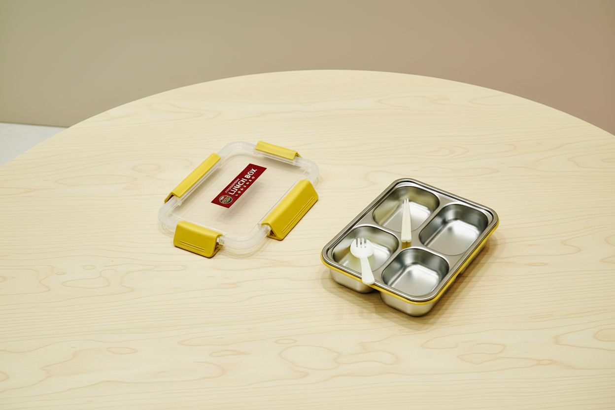 4 Compartments Stainless Steel Lunch Box With , Fork & Chopsticks ( 8.5 Inc Length & 5 Inc Width)