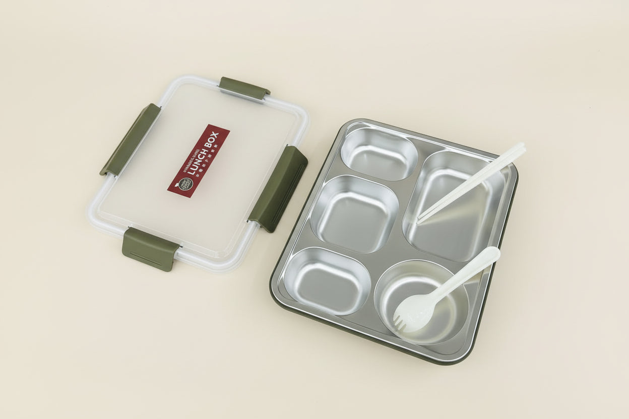 Multi Sections Stainless Steel Lunch Box With Utensils (Fork & Chopsticks)