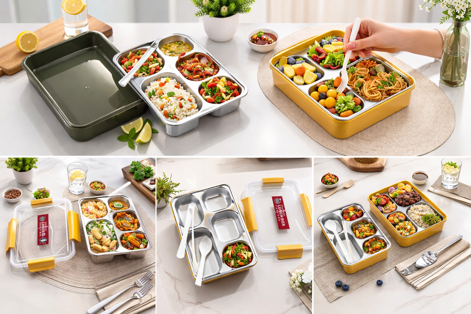 Multi Sections Stainless Steel Lunch Box With Utensils (Fork & Chopsticks)