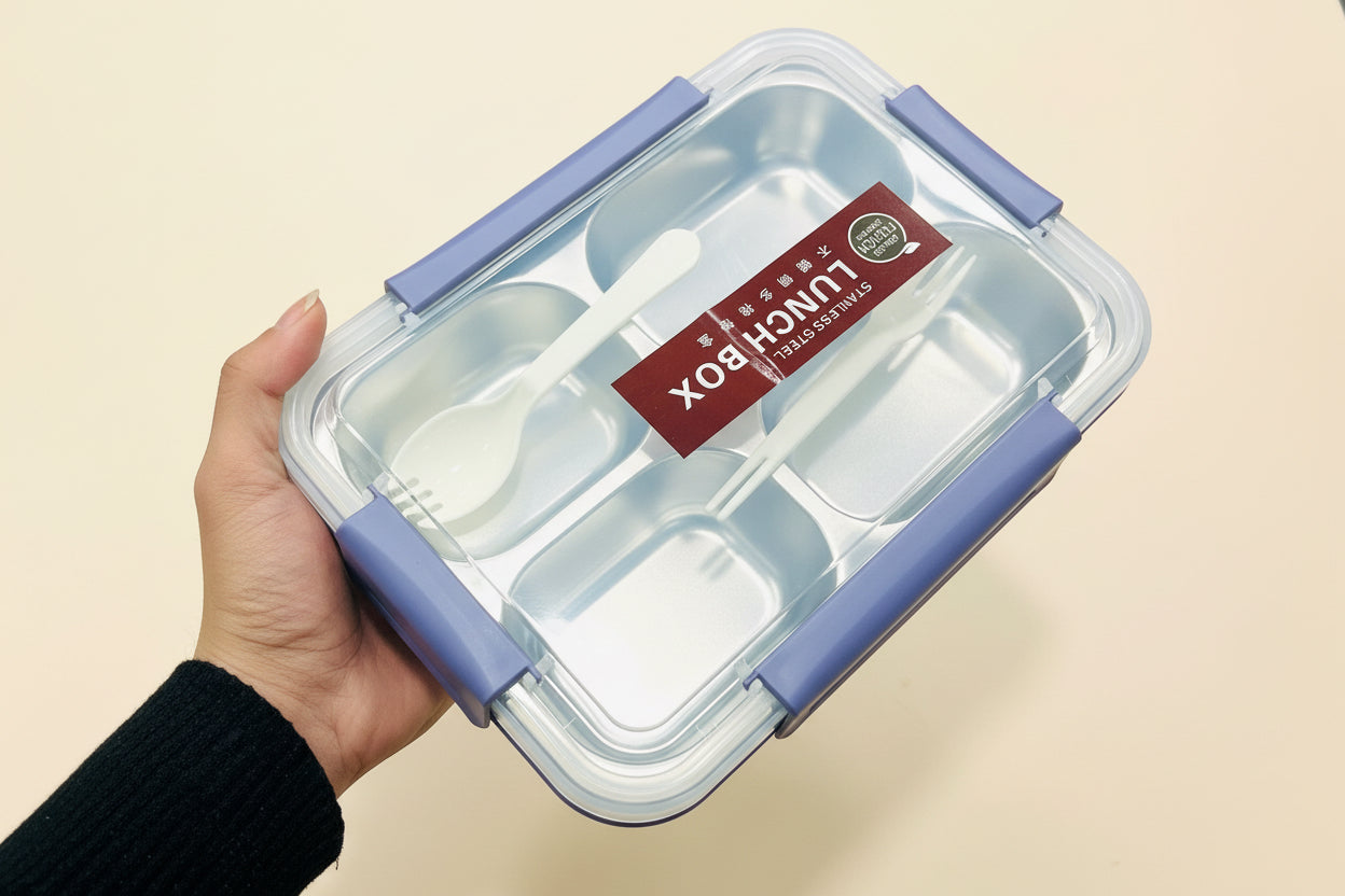4 Compartments Stainless Steel Lunch Box With , Fork & Chopsticks ( 8.5 Inc Length & 5 Inc Width)