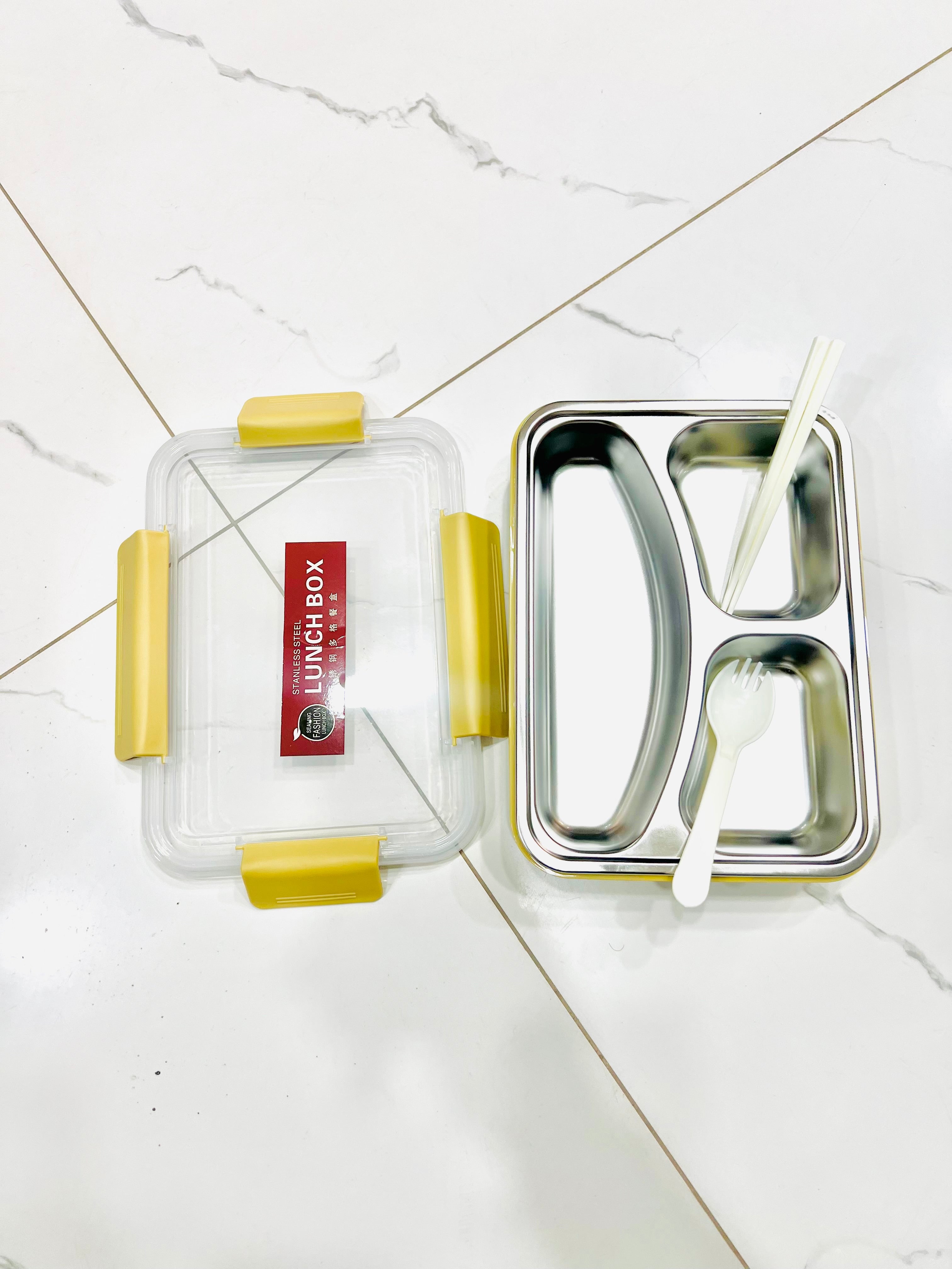 3 Compartments Stainless Steel Lunch Box With Fork & Chopsticks)