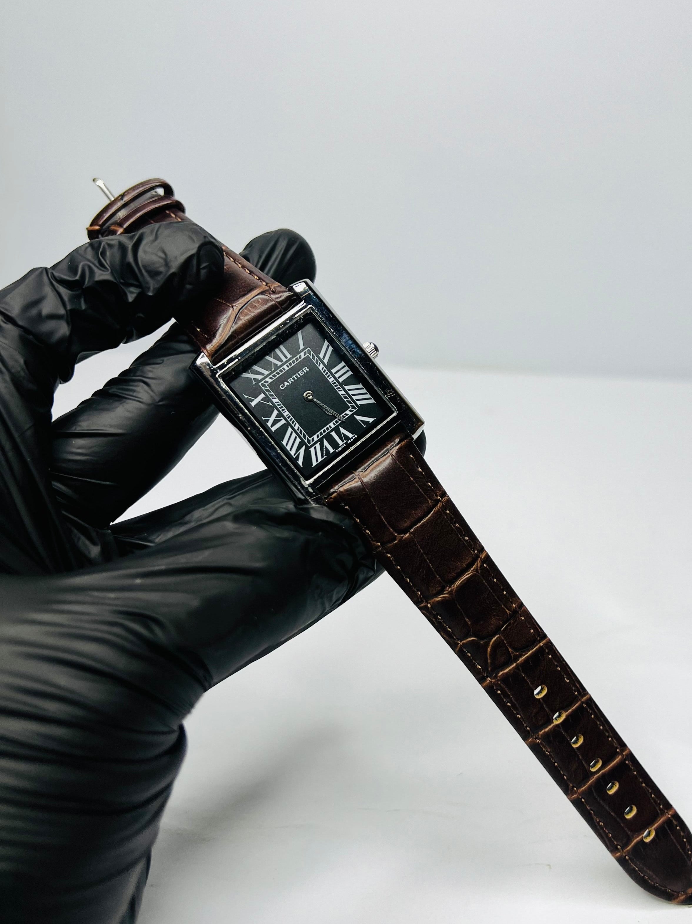Cartier Tank Black Numeral Dial With Brown Alligator  Style Straps