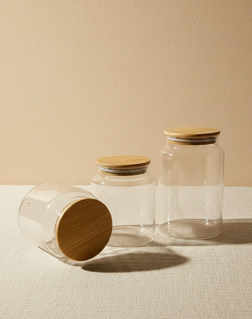 Zuri Design Glass Storage Jar With Bamboo Lids ( 3 Pcs )