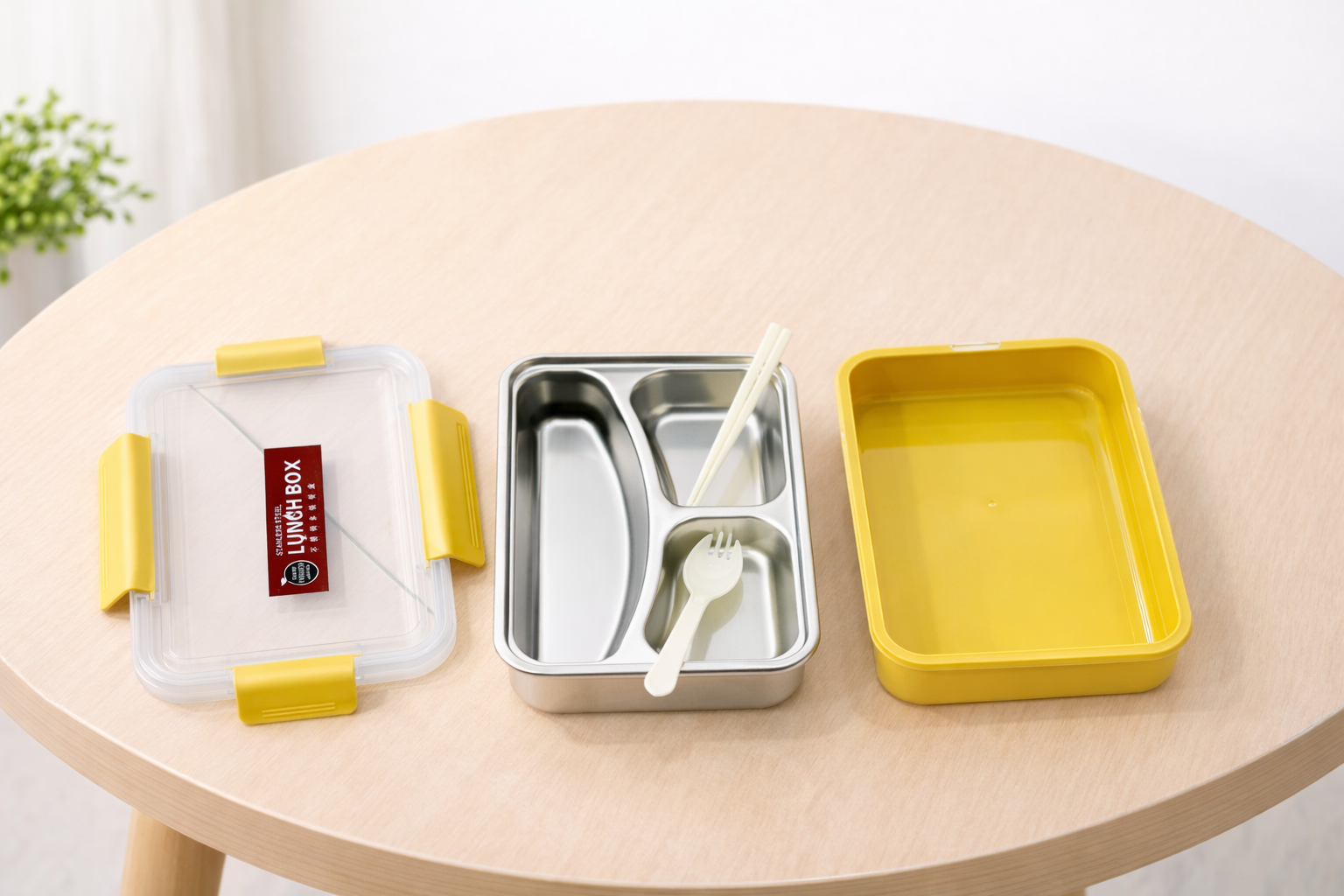 3 Compartments Stainless Steel Lunch Box With Fork & Chopsticks)
