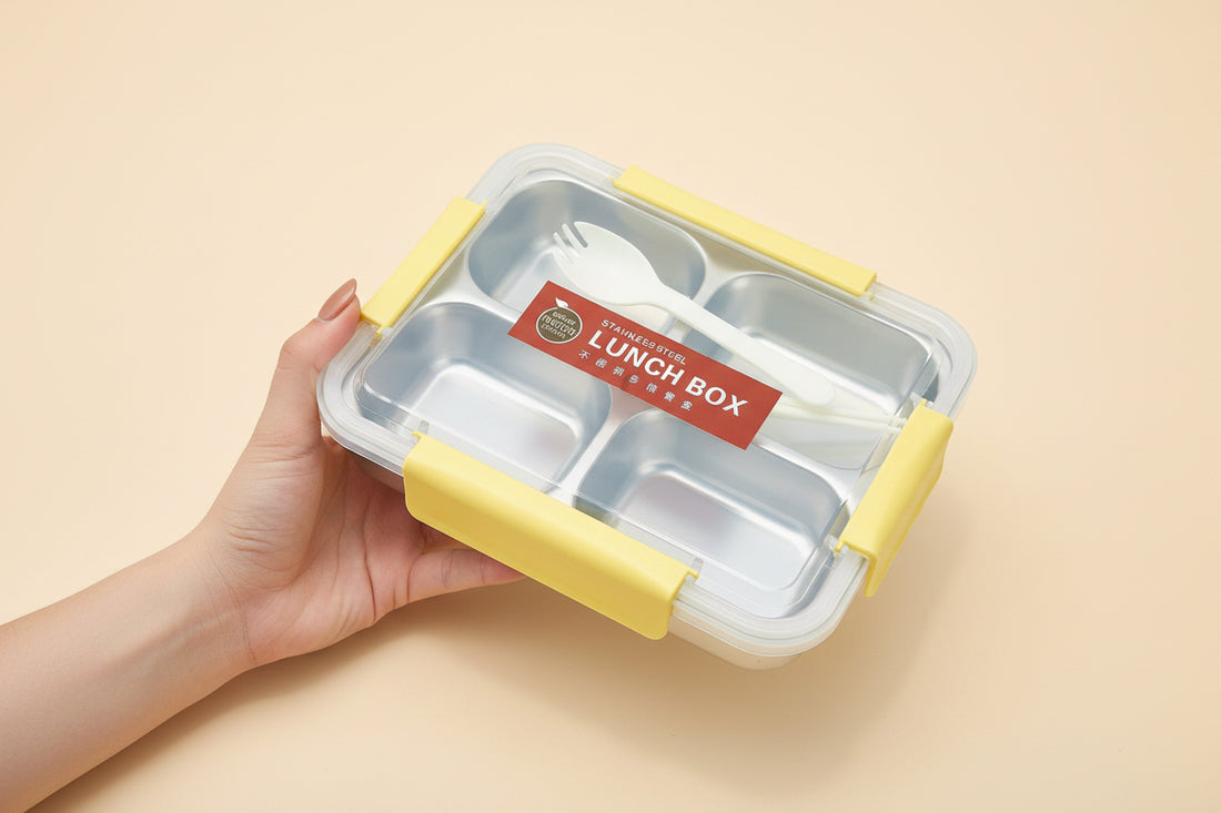 4 Compartments Stainless Steel Lunch Box With , Fork & Chopsticks ( 8.5 Inc Length & 5 Inc Width)