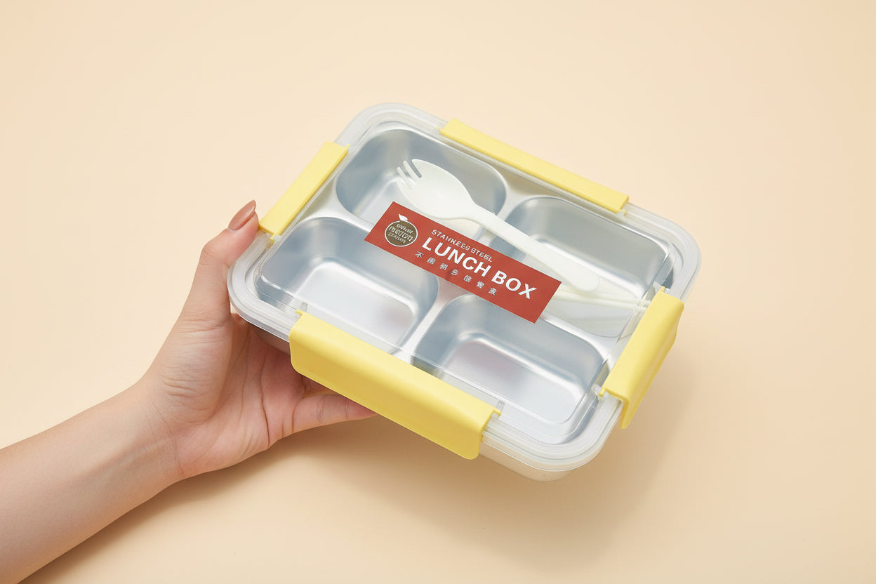 4 Compartments Stainless Steel Lunch Box With , Fork & Chopsticks ( 8.5 Inc Length & 5 Inc Width)