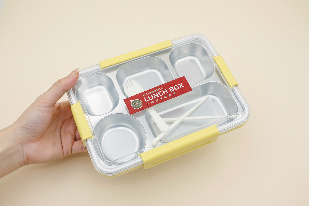 Multi Sections Stainless Steel Lunch Box With Utensils (Fork & Chopsticks)