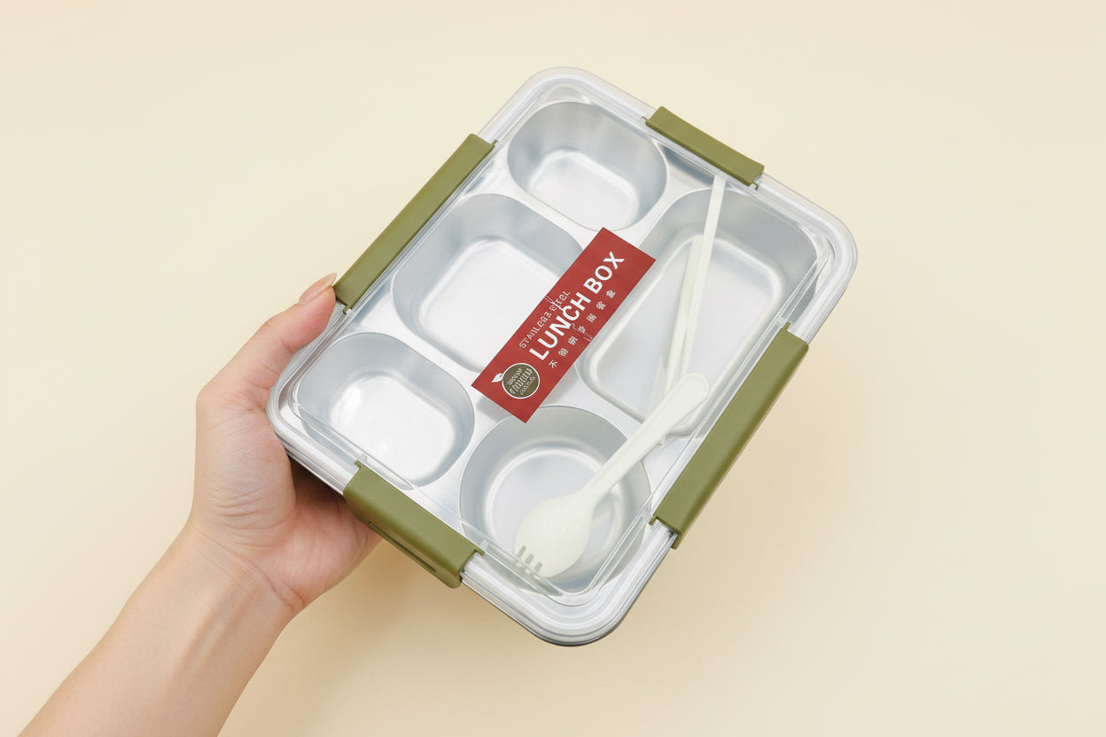Multi Sections Stainless Steel Lunch Box With Utensils (Fork & Chopsticks)