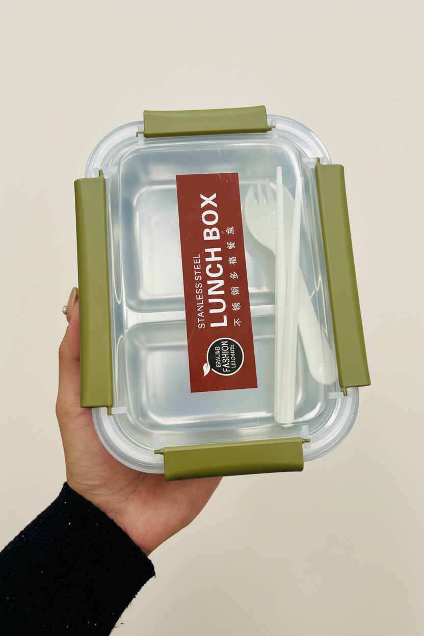 2 Sections Stainless Steel Lunch Box With Fork & Chopsticks