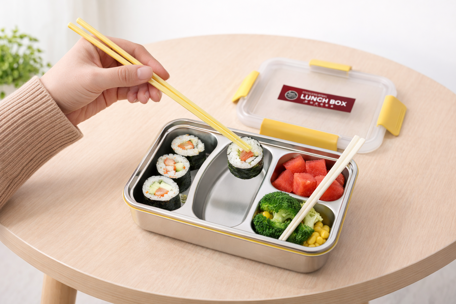 3 Compartments Stainless Steel Lunch Box With Fork & Chopsticks)